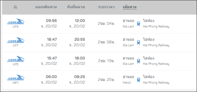 ตั๋วรถไฟเวียดนาม ฮานอย ไป ไฮฟอง